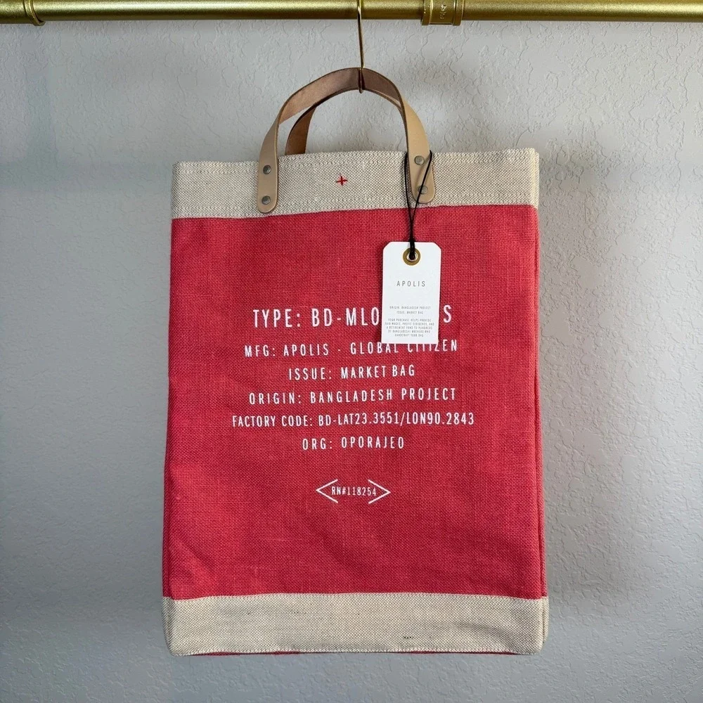 Apolis Red Jute Market Bag Apparently I Like Mahjong Leather Handle Tote NWT
